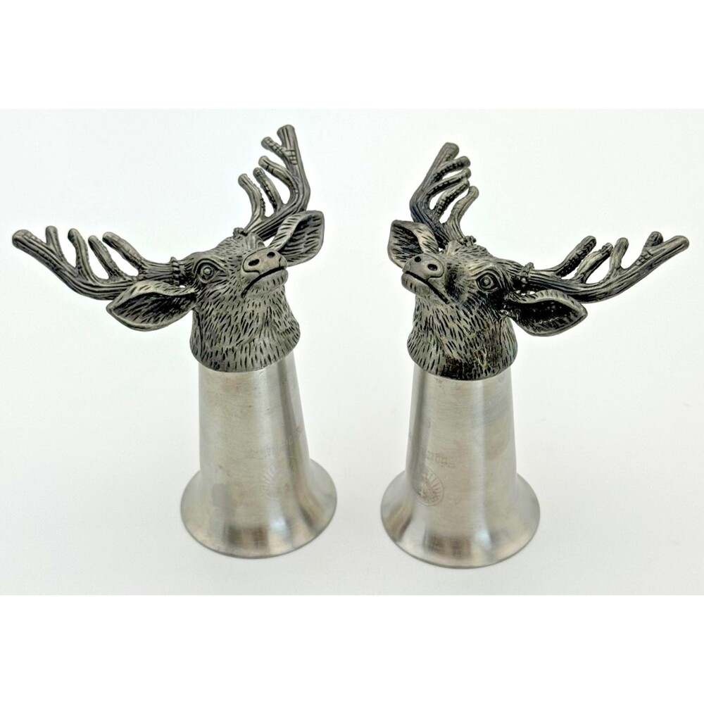 Jagermeister Shot Glasses Pewter & SS Deer Stag Head Barware Pair Vintage 3.5"